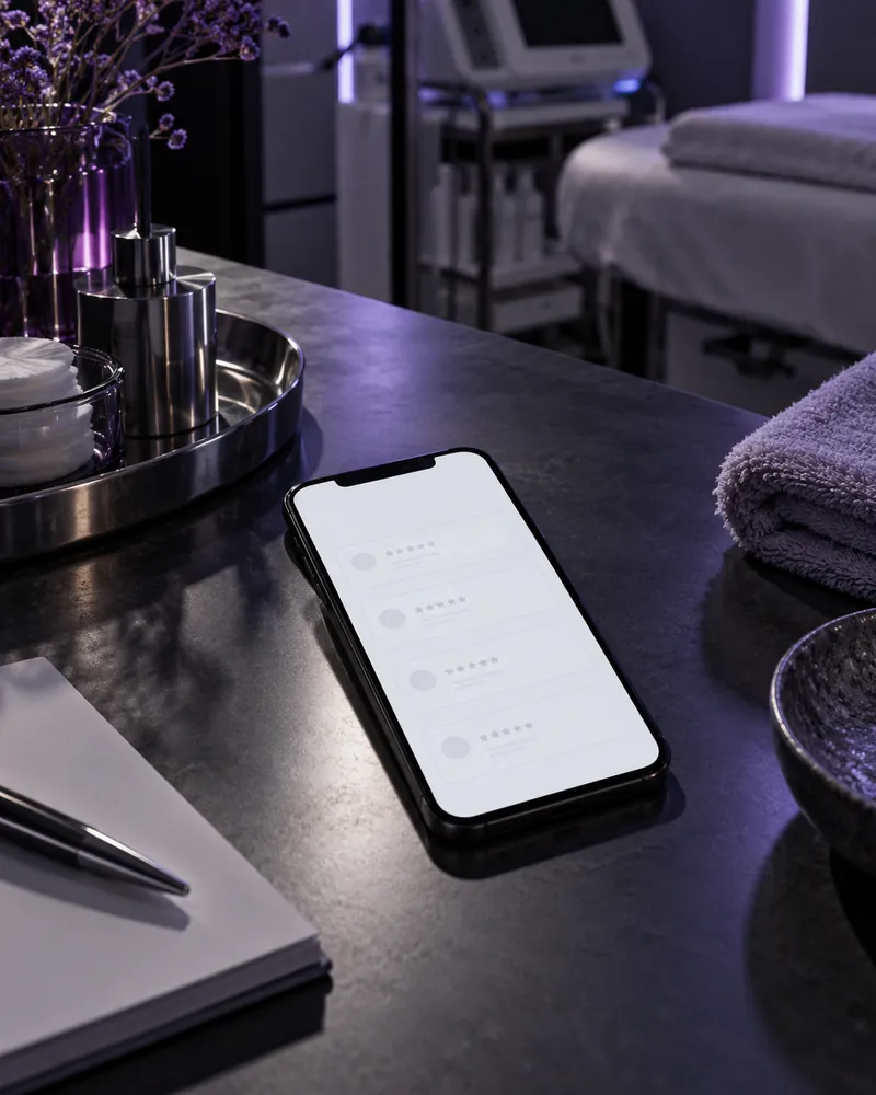 Ekran telefonu z pustą listą opinii, telefon leży na blacie
